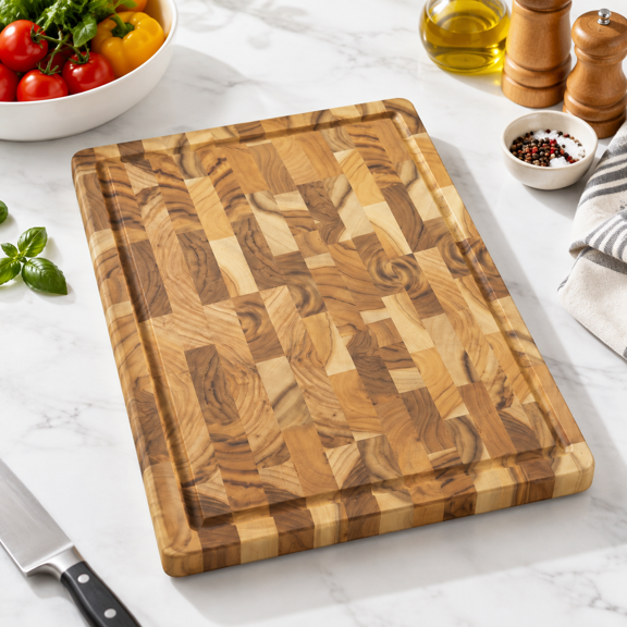 Teak Endgrain Solid Hardwood Butcher Block with Juice Groove, 17.20 x 11.57 x 1.34 in