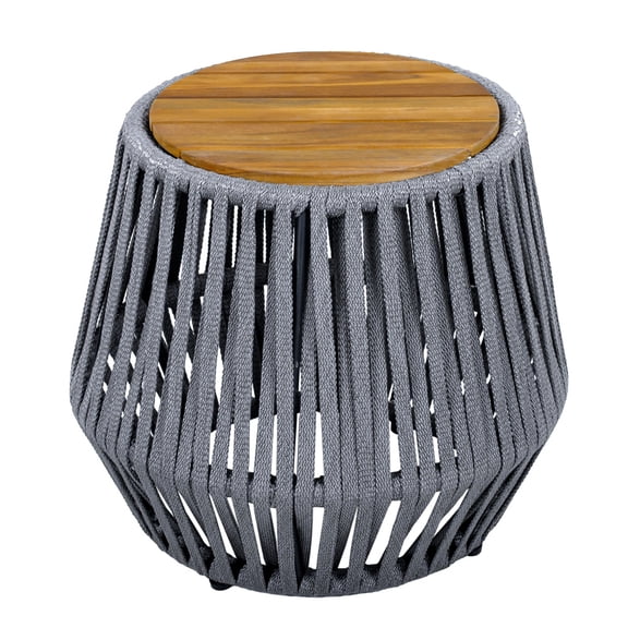 Teak Finish Acacia Wood & Grey Rope Round Outdoor Side Table, Weather Resistant Patio Accent End Table, 100 Lbs Weight Capacity
