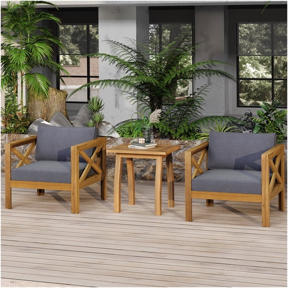 Teak Finish Acacia Wood Outdoor Conversation Set with 2 Armchairs and Side Table, Dark Gray Waterproof Cushions