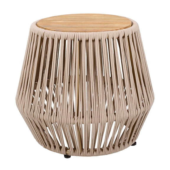 Teak Finish Acacia Wood Side Table with Rope Base for Patio & Indoor