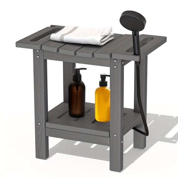 Teak Finish HDPE Shower Stool, 2-Tier Waterproof Bench with Storage Shelf, 400 Lbs Capacity, Paint-Free for SkinFriendly Comfort, Ideal for Shaving Legs, Indoor-Outdoor Use,Perfect for Seniors Adults