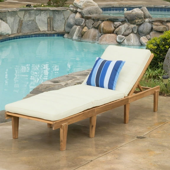 Teak Finish Outdoor Chaise Lounge with Cushion, Acacia Wood Poolside Lounger, Solid Back & Arm Rest for Patio, Lawn, or Garden Relaxation