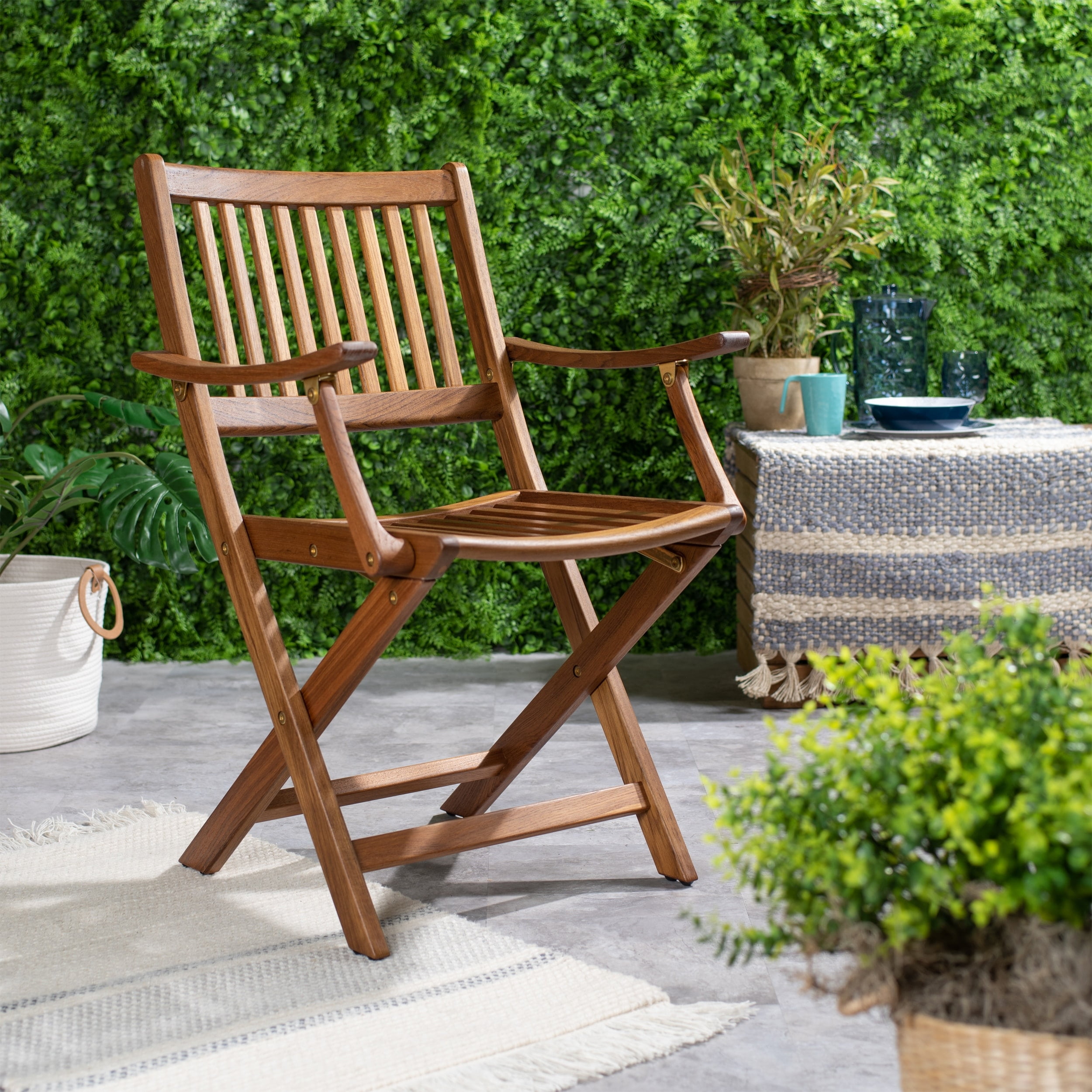 Teak Folding Dining Chair with Arms and Brass Hardware