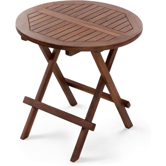 Teak Folding Side Table, Solid Teak Wood Outdoor Patio Accent Table, Foldable Round Balcony Table for Small Spaces, 20" Diameter x 20" H, Easy to Store