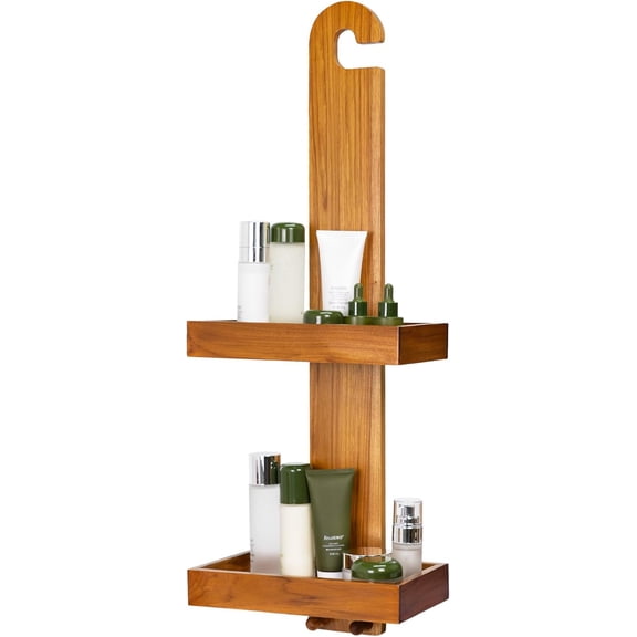 Teak Hanging Shower Caddy with Hooks, Bathroom Shower Organizer Over Shower Head, Wood Shelf for Shampoo, Towels, No Drilling