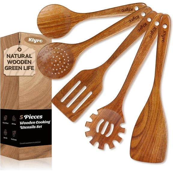 Teak Kitchen Utensils Set, 5 Piece Premium Wooden Cooking Utensils Set, Non-Stick Heat-Resistant Wooden Spoons for Cooking, New Apartment Essentials