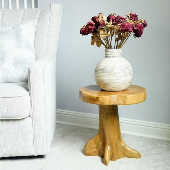 Teak Mushroom End Table, Live Edge Wooden Stool, Irregular Plant Stand, 12 "W x 14 "H x 12 "D, Funky Side Table for Small Spaces Bedroom Livingroom