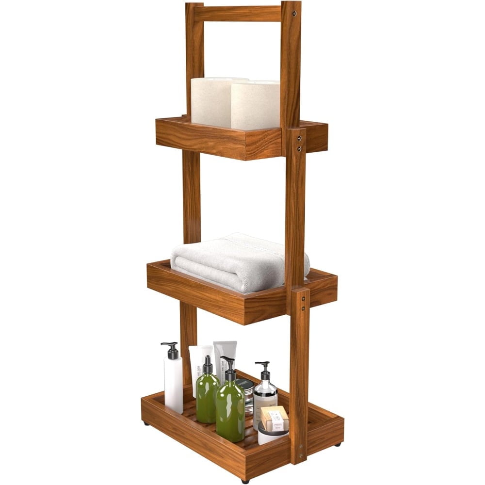 Teak Organizer for Bathroom Kitchen - Use as Shower Caddy Towel Holder Toilet Paper Storage Fruit Basket Spice Rack with Non-Slip Base