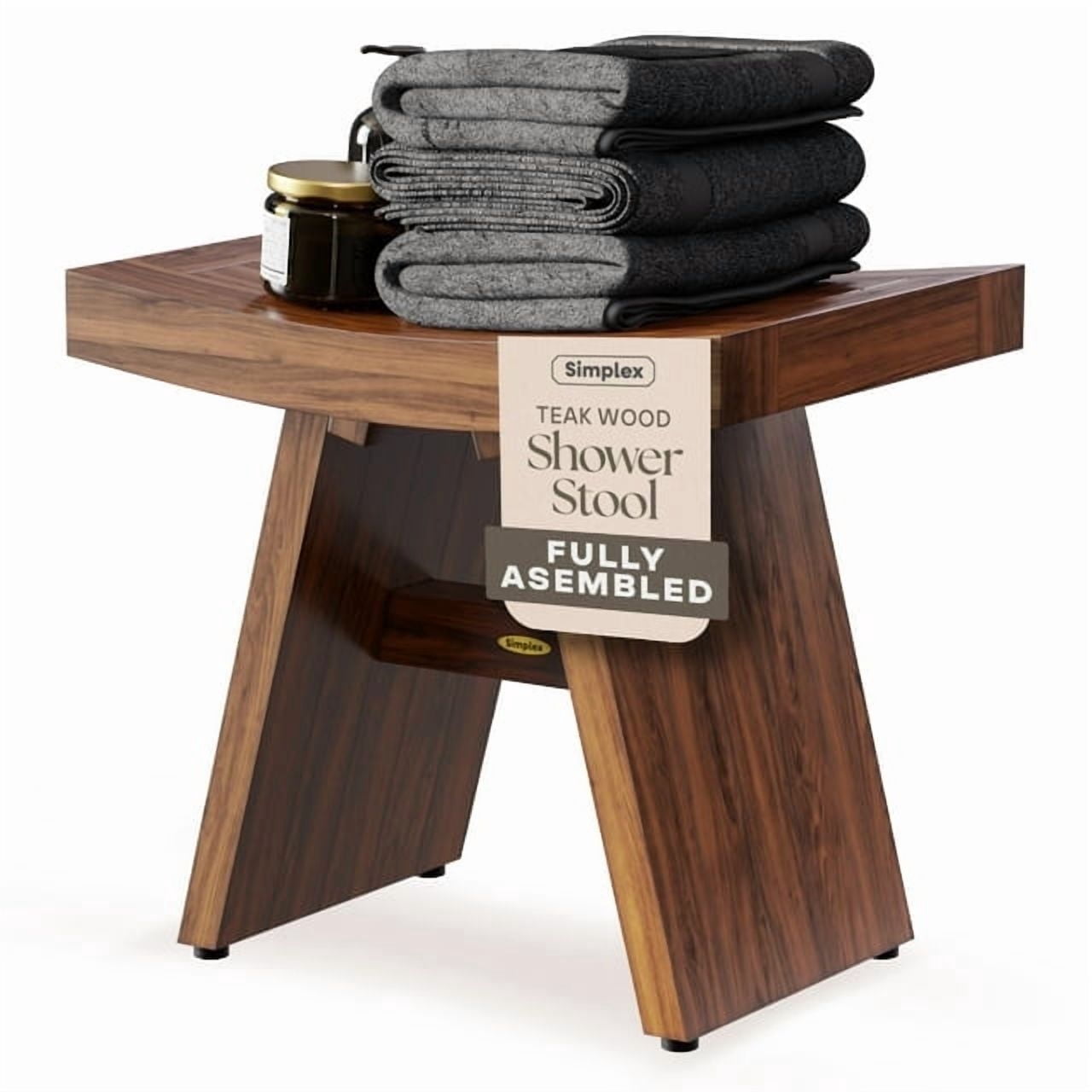 Teak Shower Bench 18  Waterproof Solid Wood Bath Stool, Non-Slip, Indoor/Outdoor Use