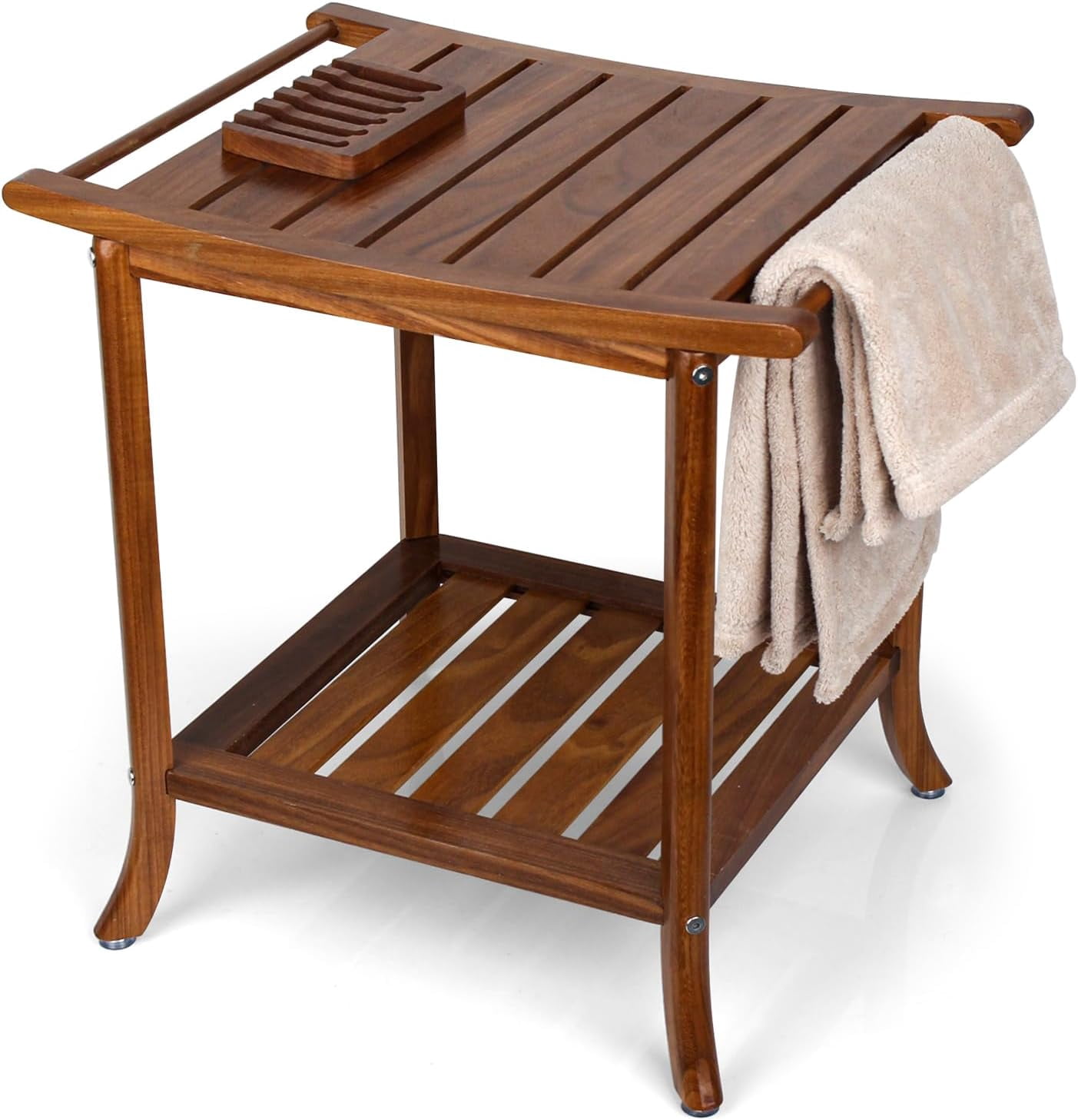 RANDEFURN 24" Teak Shower Bench With Shelf | Waterproof Shower Stool For Elderly & Spa