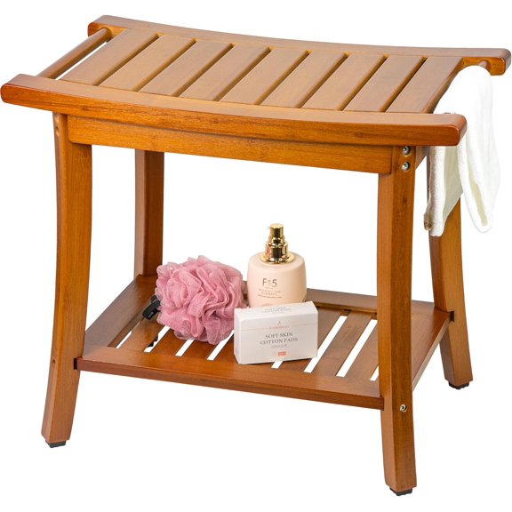 Teak Shower Bench Seat with Handles, Portable Wooden Spa Bathing Stool with Storage Towel Shelf,