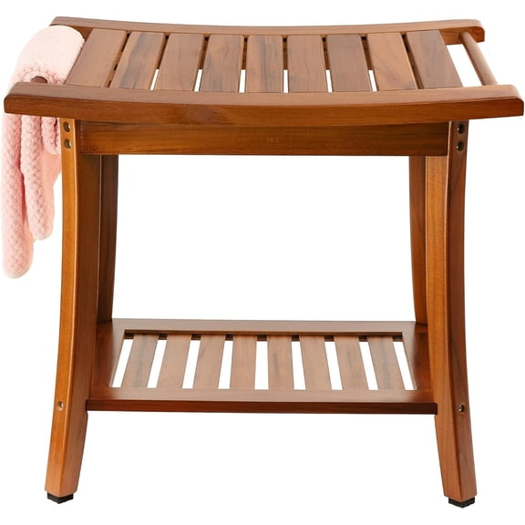 Teak Shower Bench Seat with Handles, Portable Wooden Spa Bathing Stool with Storage Towel Shelf,