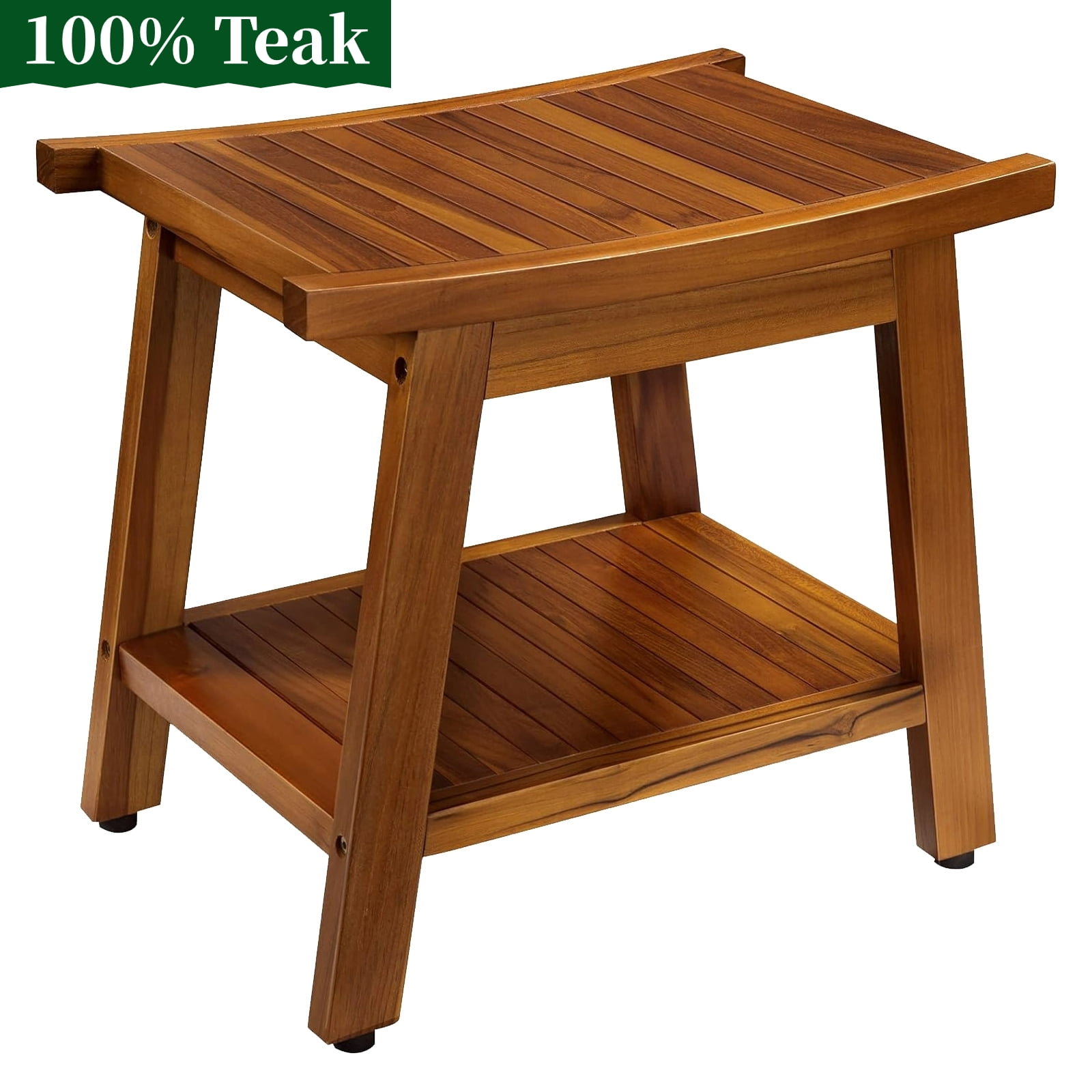 Teak Shower Bench Seat with Storage Towel Shelf, Portable Waterproof