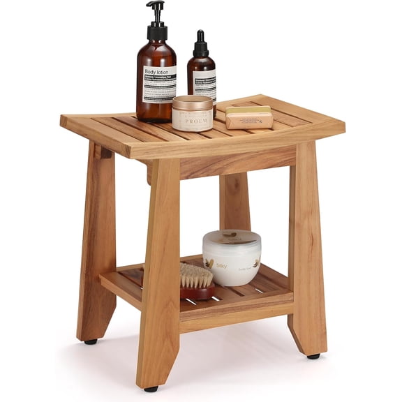 Teak Shower Bench Stool, 14'' Compact Waterproof Wooden Sauna Bath Bench with Storage Shelf, Non-Slip Solid Teak Shower Seat Chair for Small Bathrooms Inside Shower and Outdoor Use