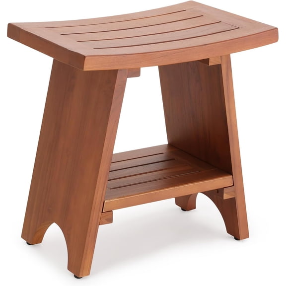 Teak Shower Bench with Storage Shelf, 18.3" H Solid Wood Shower Stool, Water Resistant Bathroom Bench, Shower Seat and Shaving Foot Rest for Indoor & Outdoor Use