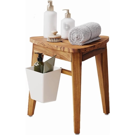 Teak Shower Bench, Waterproof Bathroom Corner Sturdy Non-Slip Bath Foot Stool for Shaving Legs with Storage Basket