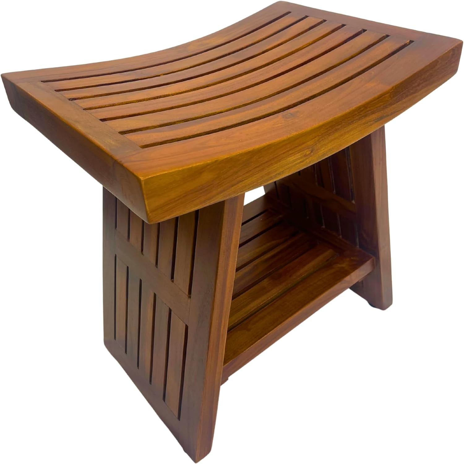 Teak Shower Bench With Shelf, 18 Inch, Wooden Seat Stool For Bathroom