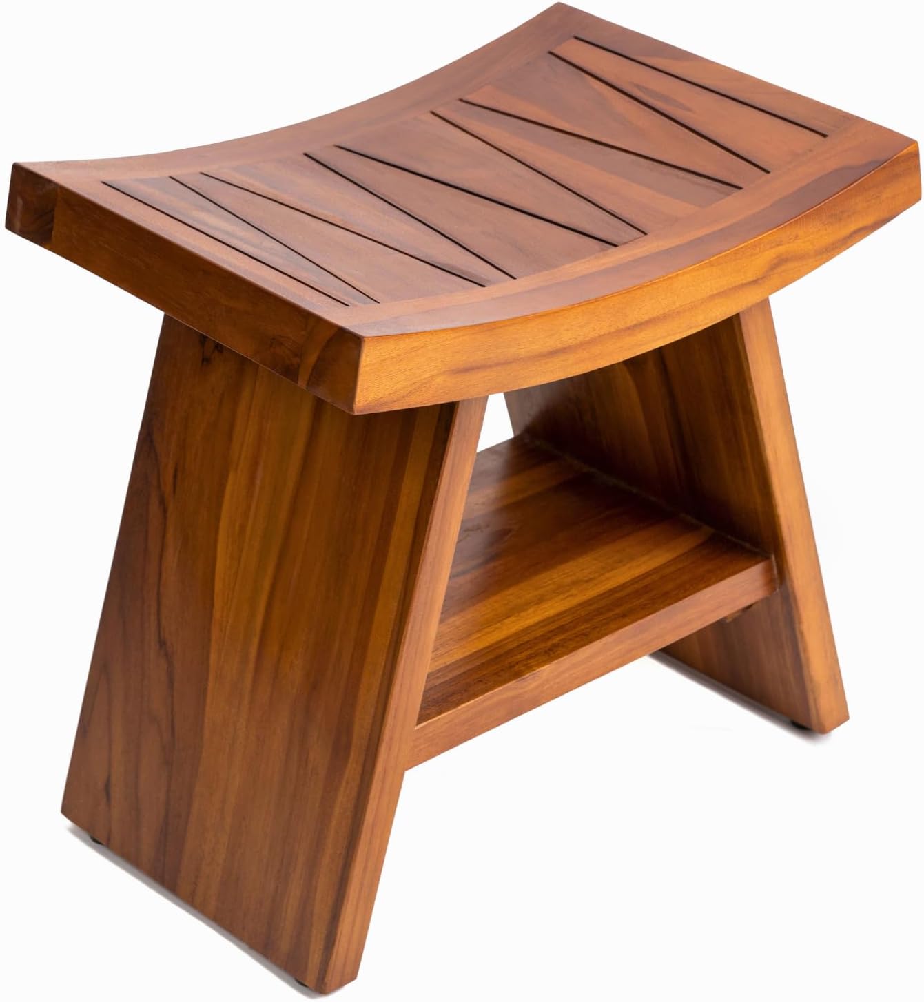 Teak Shower Bench with Shelf, 18 Inch, Wooden Seat Stool