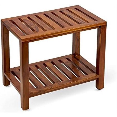 Teak Shower Bench with Shelf 21 Inch, Fully Assembled Teak Wood Shower Stool, Shower Bench for Elderly, Indoor and Outdoor Use, ia