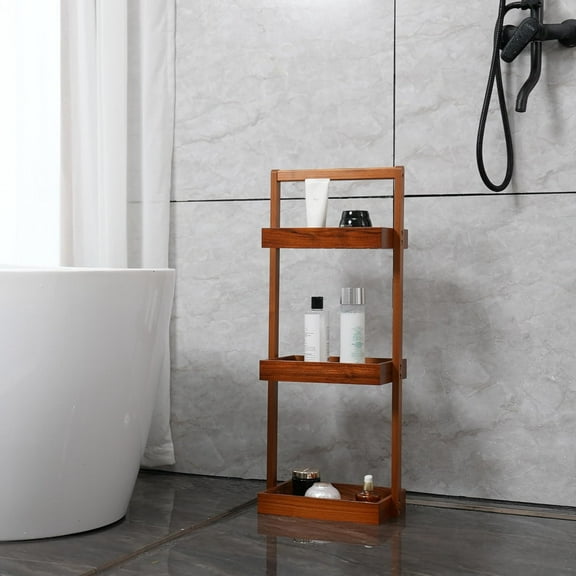 Teak Shower Caddy Corner, 3 Tier Standing Shower Organizer Shelf with Handle, Wood Bathroom Stand Up Caddy Basket for Shampoo, Rack for Inside Shower, Bath, Office, Kitchen Desktop