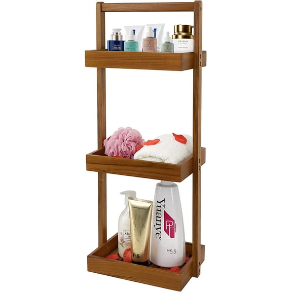 Teak Shower Caddy Shelf, Standing Shower Organizer for Bathroom Corner, Wooden Freestanding Racks Storage for Inside Shower, Bath, Office, Stand Up 3 Tier Kitchen Desktop Organization