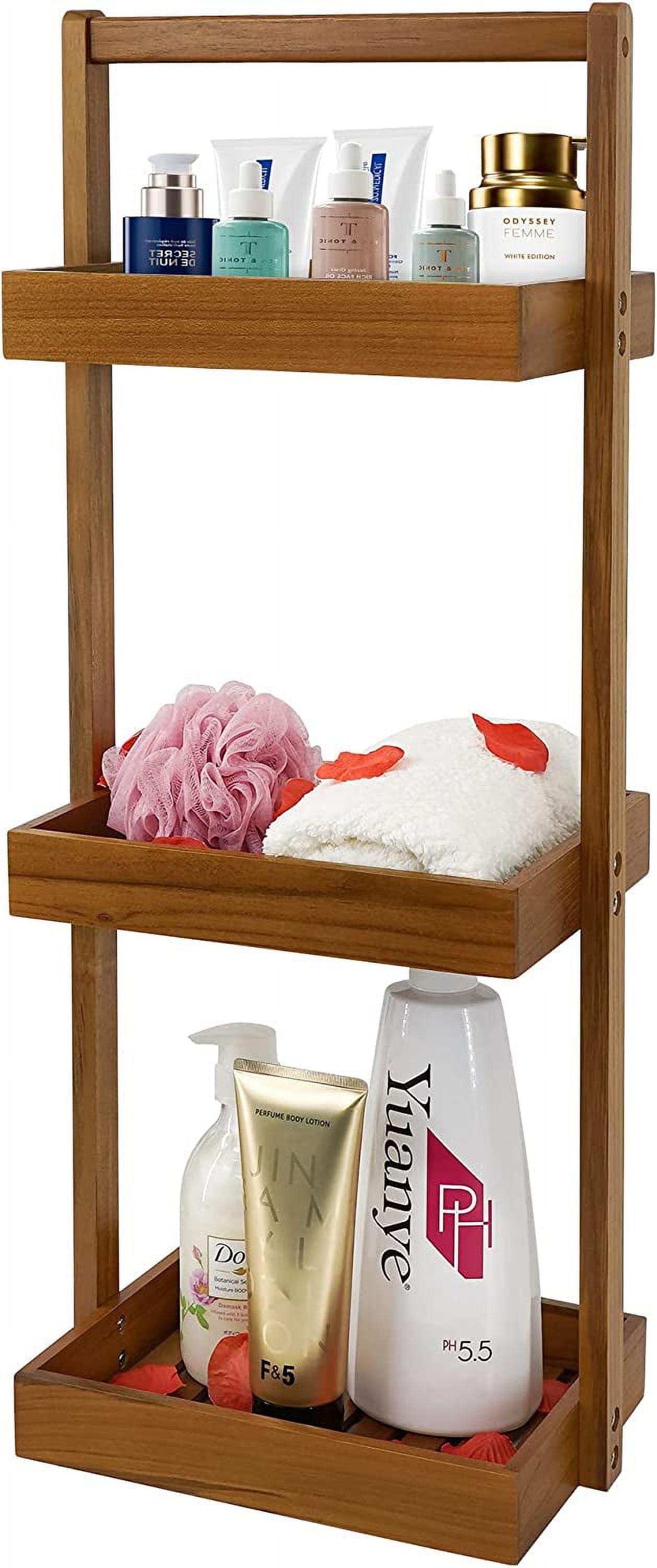 3-Tier Teak Shower Caddy - Freestanding Wooden Organizer for Bathroom ...