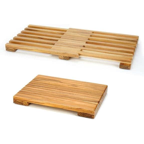 Teak Shower Mat - Adjustable Length Wooden Bathroom Mats for Inside Shower with Non-Slip Rubber Outdoor Floor Mat for Spa, Sauna, Pool (25.5" L12" W)
