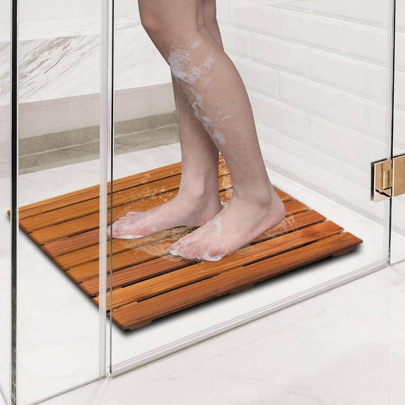 Teak Shower Mat - Non-Slip Bath Mat with Wooden Design for Bathtub, 20 x 20 in