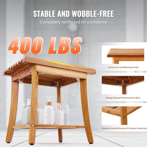 Teak Shower Seat 17.9H - Sturdy Wood Bathroom Bench for Shower/Tub, Compact Space-Saving Design
