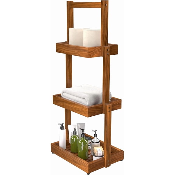 Teak Shower Shelf Bathroom Organizer - 3 Tier Multipurpose Caddy with Non-Slip Base, Rustproof Durable Standing Towel Rack Toilet Paper Roll Holder for Livingroom