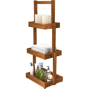 Teak Shower Shelf Bathroom Organizer - 3 Tier Multipurpose Shower Caddy with Non-Slip Base, Rustproof Durable Standing Towel Rack Toilet Paper Roll Holder for Bathroom Livingroom