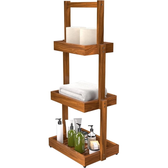 Teak Shower Shelf Bathroom Organizer - 3 Tier Multipurpose Shower Caddy with Non-Slip Base, Rustproof Durable Standing Towel Rack Toilet Paper Roll Holder for Bathroom Livingroom