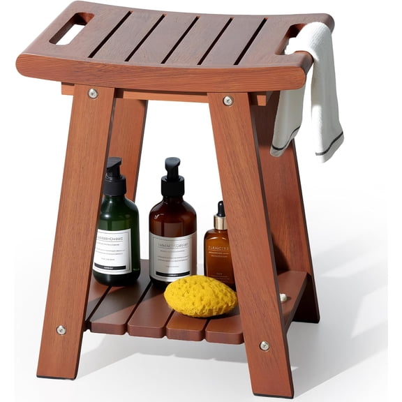 Teak Shower Stool with Shelf & Towel Bar, Teak Wood Shower Bench for Shaving Legs, 14" Waterproof Bath Seat for Small Bathrooms, Non-Slip Feet (Medium Size)