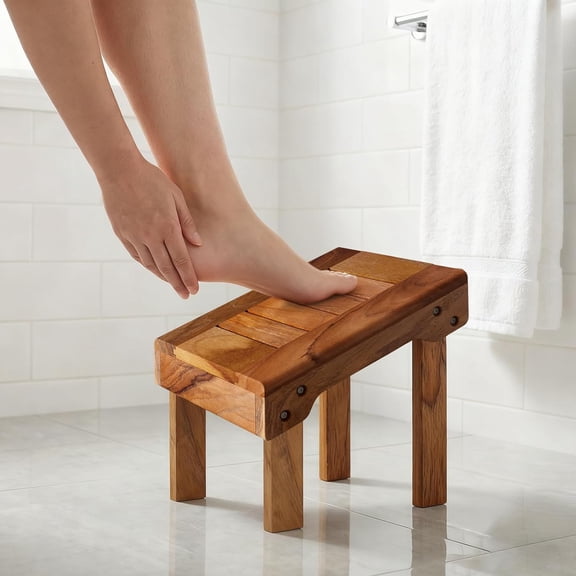 Teak Shower Stool for Shaving Legs, Non-Slip Bathroom Foot Step, Waterproof Wooden Shower Foot Step for Bathroom