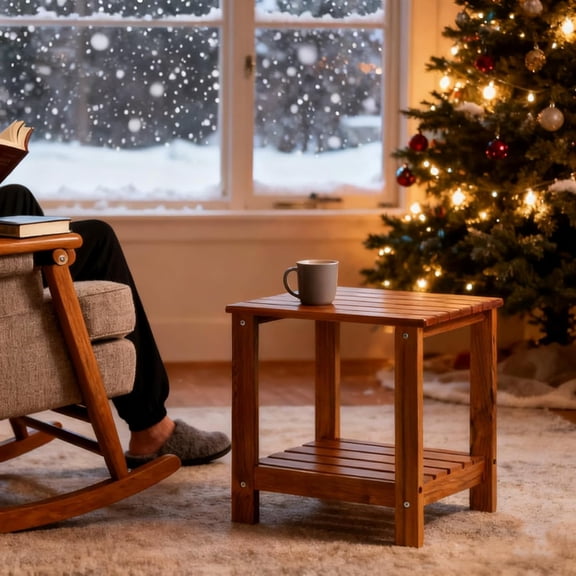 Teak Side Table Outdoor,  End Table Double Layer, Wooden Coffee Accent Tables for Backyard, Garden, Bed, Living Room, Couch, Two-Tier