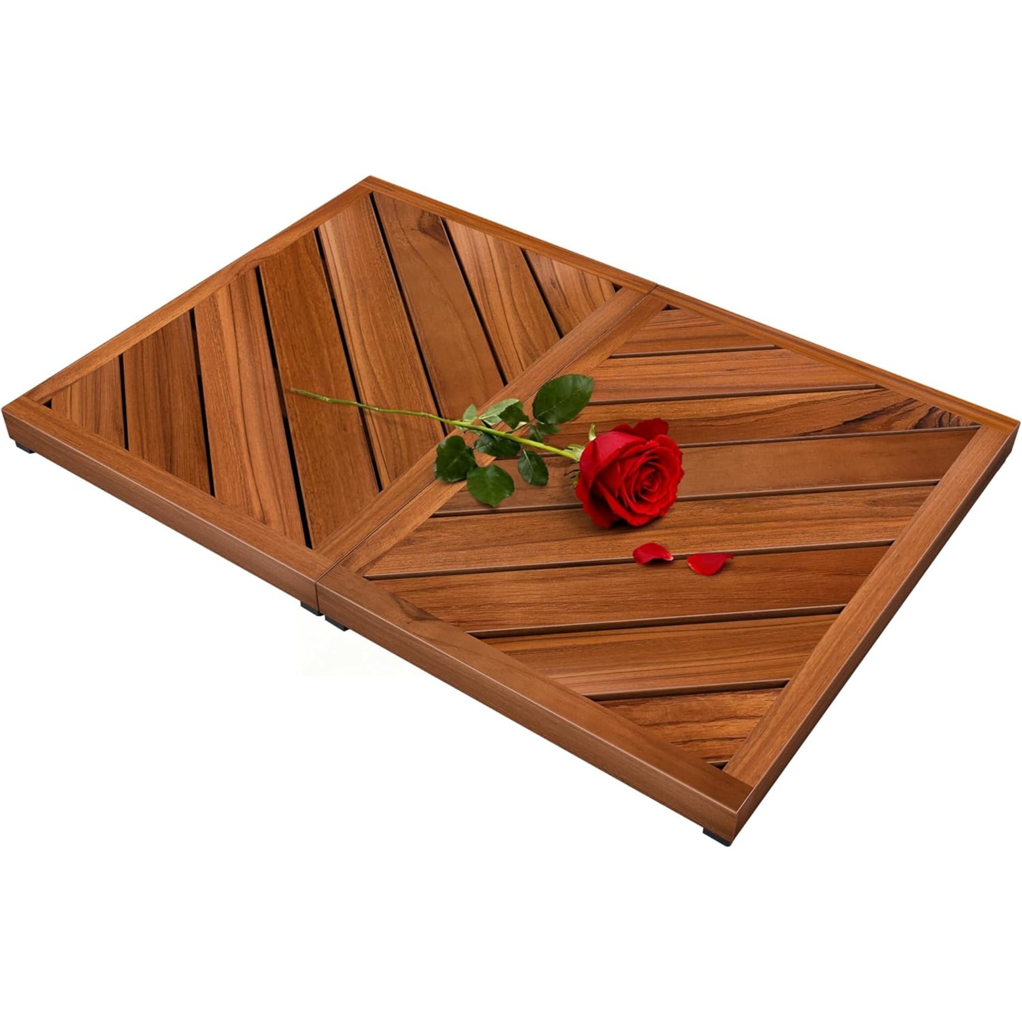 Teak Wood Bath Mat for Bathroom -  Non Slip Wooden Shower Mat Floor Sturdy Mats for Outside Inside Shower Luxury Spa Home or Outdoor, Teak Wood Bath Rug, Water Resistant, Bathroom Rugs & Bath Mats