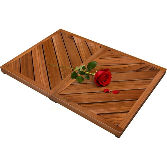 Teak Wood Bath Mat for Bathroom - (24.4" x 16.5") Non Slip Wooden Shower Mat Floor Sturdy Mats for Outside Inside Shower Luxury Spa Home or Outdoor