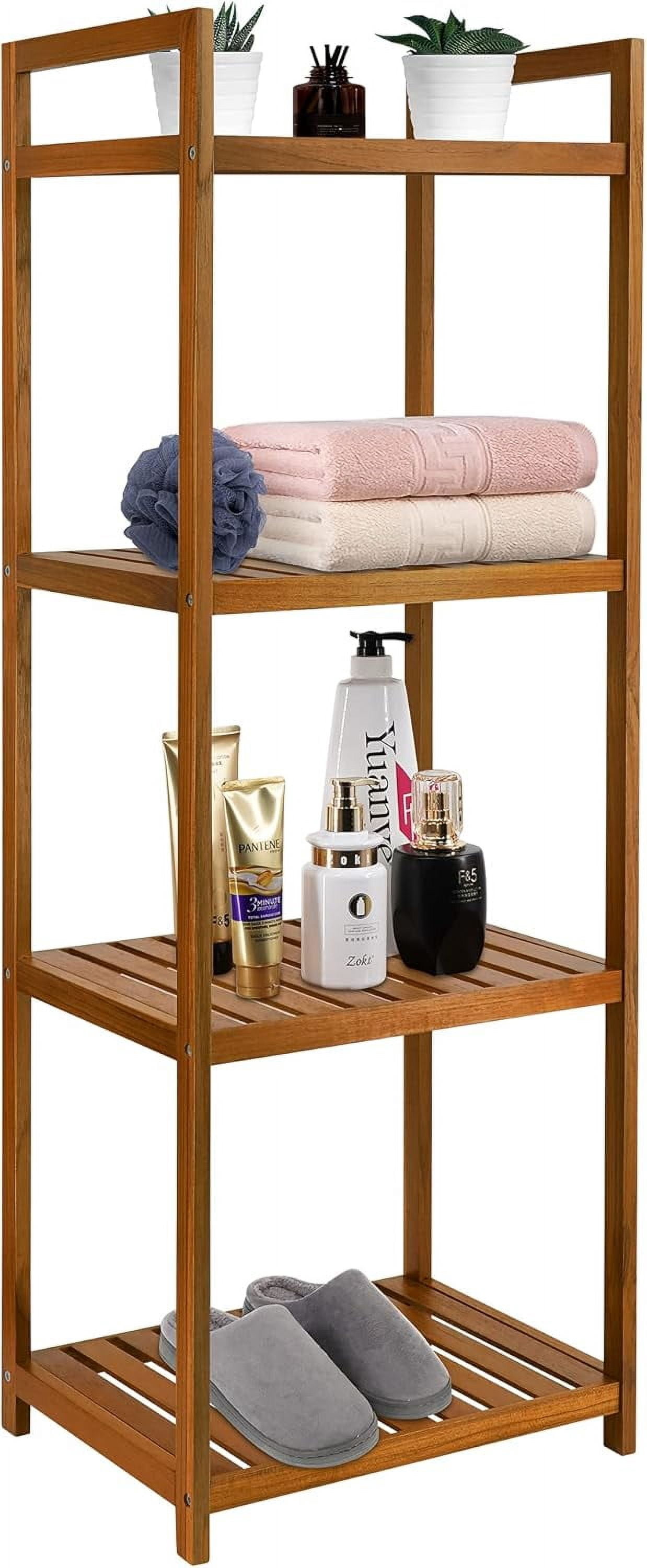 Teak Wood Bathroom Shelf Organizer Stand, Standing Shelves Shower Caddy ...