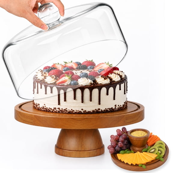 Teak Wood Cake Stand with Dome Lid,Multifunctional Cake Plate with Cover for Baking Gifts, Birthday, Kitchen,Party