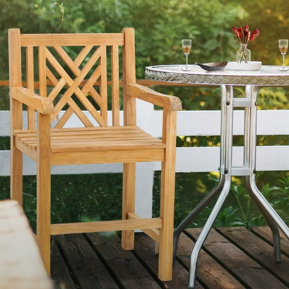 Teak Wood Chippendale Outdoor Patio Counter Stool with Arms