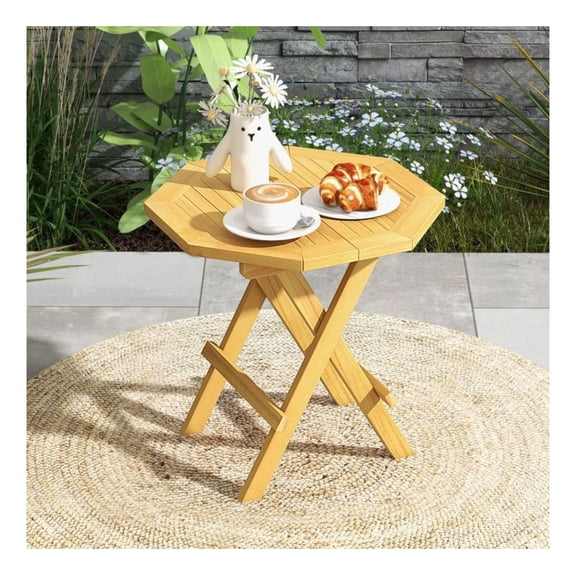Teak Wood Coffee Table, 20 Inch Octagon Outdoor Side Table, Folding Slatted Patio Table with X-Legs, Portable Camping Picnic Table