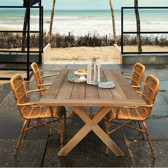 Teak Wood Cross Rectangular Outdoor Patio Dining Table 87 x 40 inch, A-Grade Teak Wood