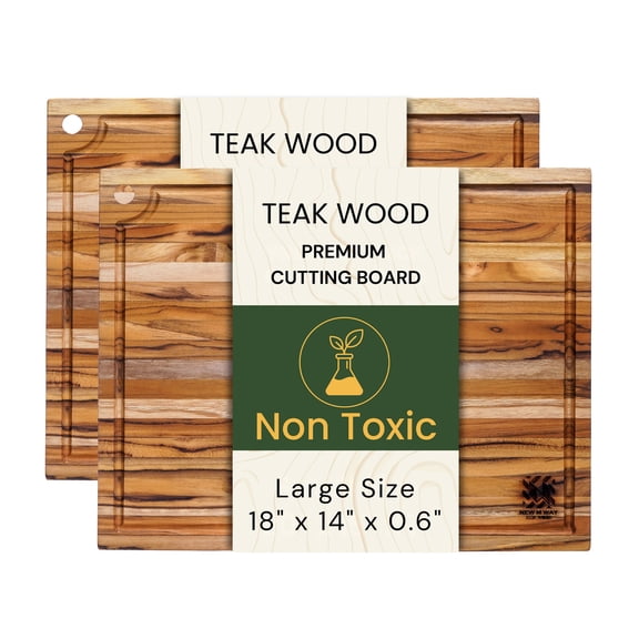 Teak Wood Cutting Board 18x14 Inch, Thin Solid Hardwood for Meat, Fruit, Bread & Cheese Prep w/Deep Juice Groove, Non-Toxic, BPA/Plastic Free, 2-Piece Set by New M Way