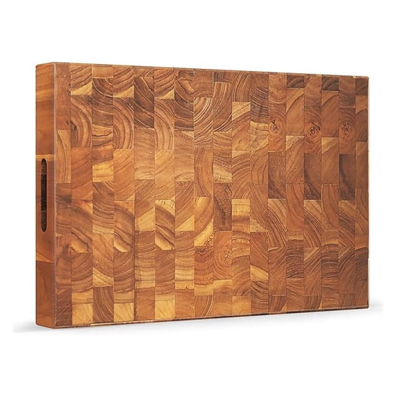 Teak Wood Cutting Board, 2" Thick End Grain Chopping Block with Hand Grip, 18"x12" Large Reversible Butcher Block, Pre-Conditioned With Natural Waxes & Oils, Carving Board for for Meat Cheese