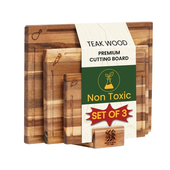 Teak Wood Cutting Board Set of 3 w/Stand, Deep Juice Groove, Solid Hardwood Non-Toxic & Knife Friendly Boards, Small Medium Large Sizes (Teak, 14 x 17 (in))