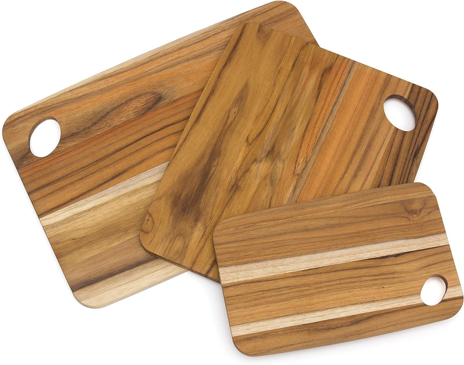 Teak Wood Cutting Boards With Oval Holes In Corners, Assorted Sizes, Set Of 3