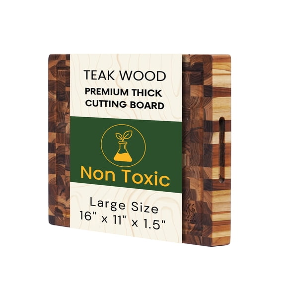 Teak Wood End Grain Cutting Board 16 x 11 Inch, Extra Thick 1.5 Inch Butcher Block for Meat & Kitchen Prep, Solid Wood Cutting Board with Juice Groove by New M Way