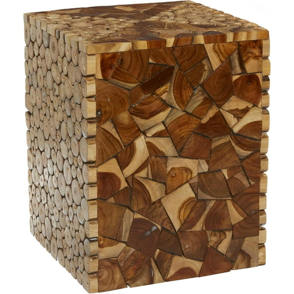 Teak Wood Handmade Side End Accent Table End Table with Mosaic Wood Chip Design, Side Table 14" x 14" x 18", Brown
