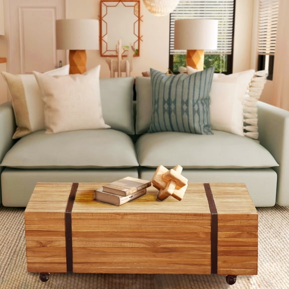 Teak Wood Hanover Coffee Table With Wheels
