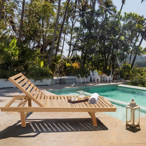 Teak Wood Key West Outdoor Patio Reclining Pool Chaise Lounger, A-Grade Teak Wood